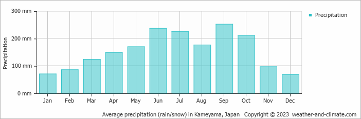 Average monthly rainfall, snow, precipitation in Kameyama, 