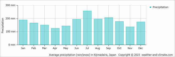 Average monthly rainfall, snow, precipitation in Kijimadaira, Japan