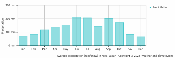 Average monthly rainfall, snow, precipitation in Koka, Japan