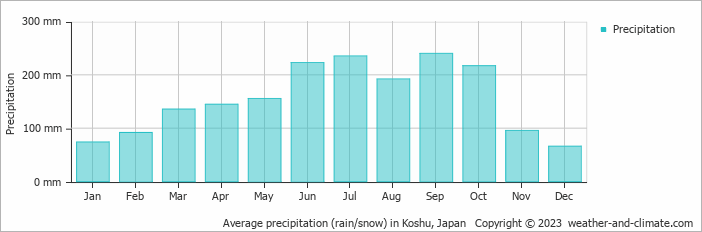 Average monthly rainfall, snow, precipitation in Koshu, Japan