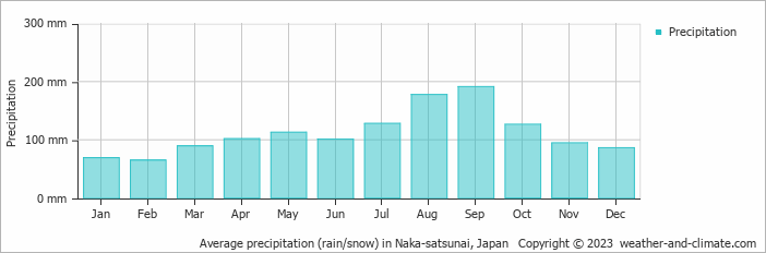 Average monthly rainfall, snow, precipitation in Naka-satsunai, 