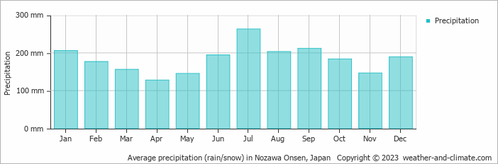 Average monthly rainfall, snow, precipitation in Nozawa Onsen, 