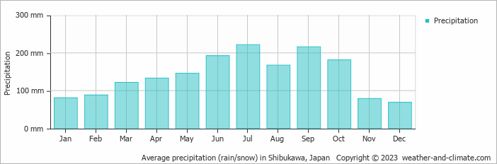 Average monthly rainfall, snow, precipitation in Shibukawa, Japan