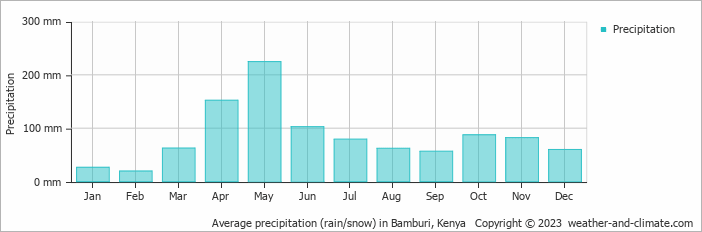 Average monthly rainfall, snow, precipitation in Bamburi, Kenya