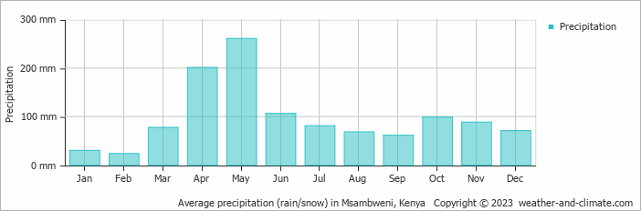 Average monthly rainfall, snow, precipitation in Msambweni, 