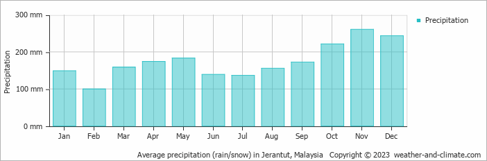 Average monthly rainfall, snow, precipitation in Jerantut, Malaysia
