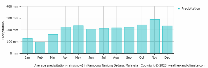 Average monthly rainfall, snow, precipitation in Kampong Tanjong Bedara, Malaysia