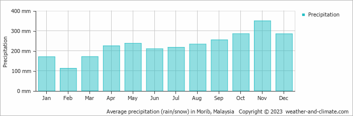 Average monthly rainfall, snow, precipitation in Morib, Malaysia