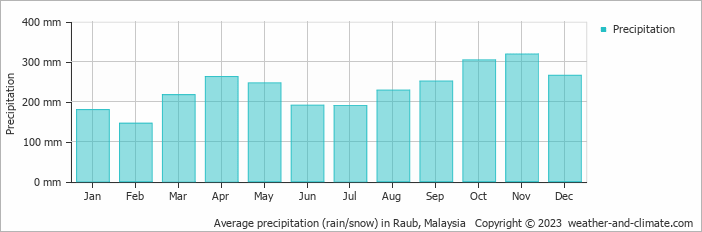 Average monthly rainfall, snow, precipitation in Raub, Malaysia