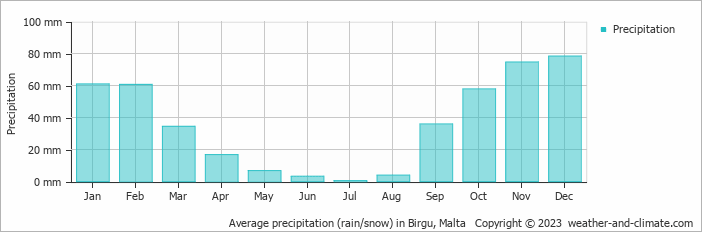 Average monthly rainfall, snow, precipitation in Birgu, 
