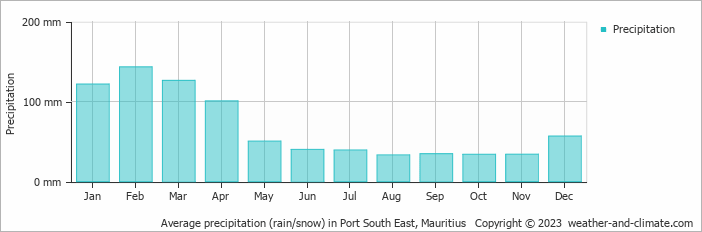 Average monthly rainfall, snow, precipitation in Port South East, Mauritius