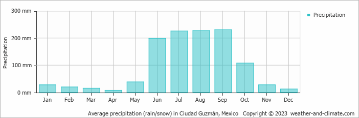 Average monthly rainfall, snow, precipitation in Ciudad Guzmán, 