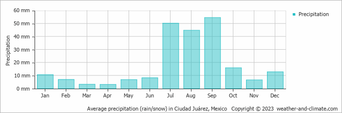 Average monthly rainfall, snow, precipitation in Ciudad Juárez, Mexico