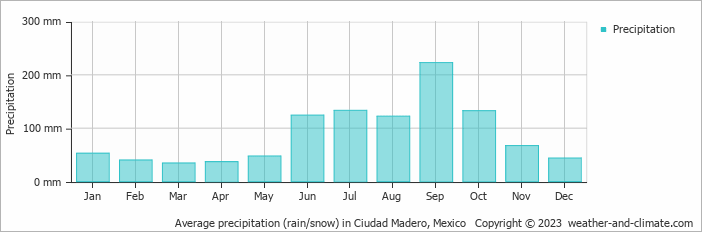 Average monthly rainfall, snow, precipitation in Ciudad Madero, Mexico