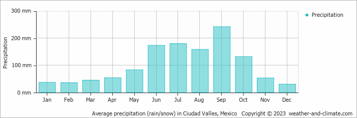 Average monthly rainfall, snow, precipitation in Ciudad Valles, Mexico