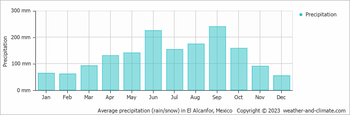 Average monthly rainfall, snow, precipitation in El Alcanfor, Mexico