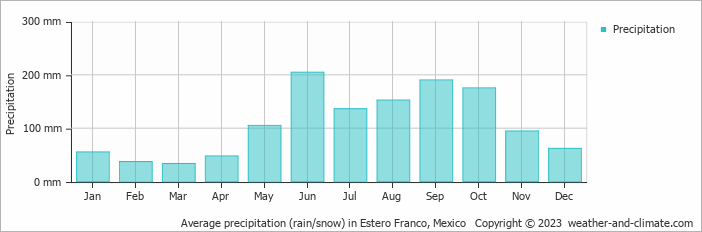 Average monthly rainfall, snow, precipitation in Estero Franco, Mexico