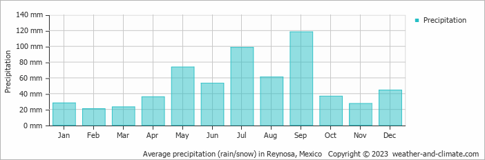 Average monthly rainfall, snow, precipitation in Reynosa, Mexico