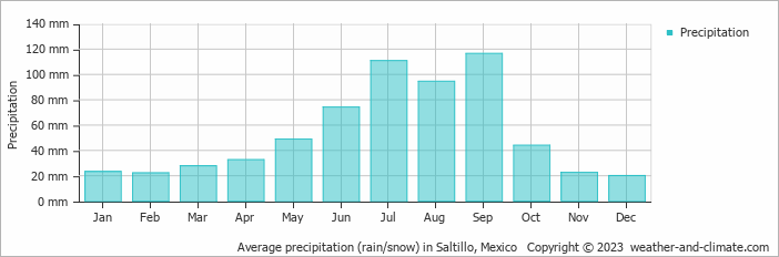 Average monthly rainfall, snow, precipitation in Saltillo, 