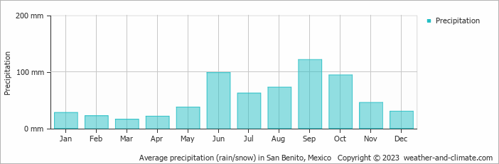 Average monthly rainfall, snow, precipitation in San Benito, Mexico