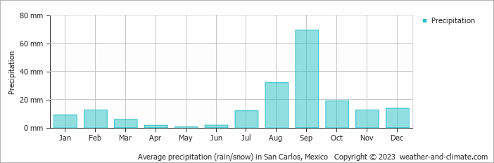 Average monthly rainfall, snow, precipitation in San Carlos, Mexico