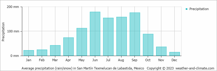 Average monthly rainfall, snow, precipitation in San Martín Texmelucan de Labastida, 