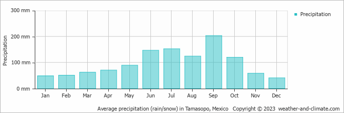Average monthly rainfall, snow, precipitation in Tamasopo, Mexico