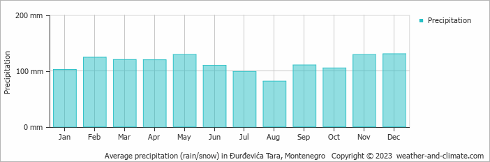 Average monthly rainfall, snow, precipitation in Ðurđevića Tara, Montenegro