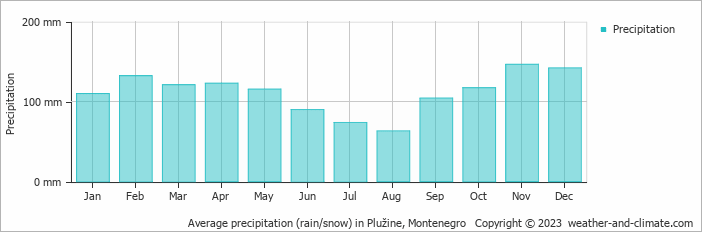 Average monthly rainfall, snow, precipitation in Plužine, 