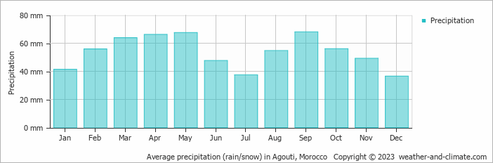 Average monthly rainfall, snow, precipitation in Agouti, Morocco