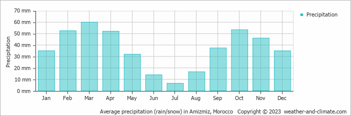 Average monthly rainfall, snow, precipitation in Amizmiz, 
