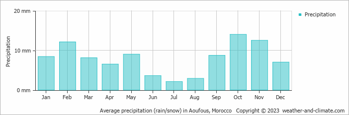 Average monthly rainfall, snow, precipitation in Aoufous, Morocco