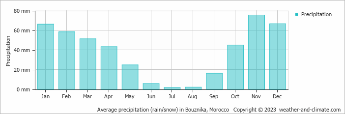 Average monthly rainfall, snow, precipitation in Bouznika, Morocco