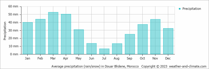 Average monthly rainfall, snow, precipitation in Douar Blidene, Morocco