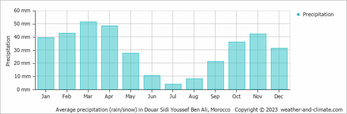Average monthly rainfall, snow, precipitation in Douar Sidi Youssef Ben Ali, Morocco