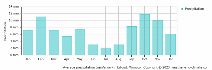 Average monthly rainfall, snow, precipitation in Erfoud, Morocco