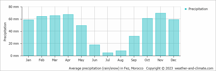Average monthly rainfall, snow, precipitation in Fez, 