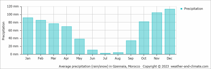 Average monthly rainfall, snow, precipitation in Gzennaïa, 