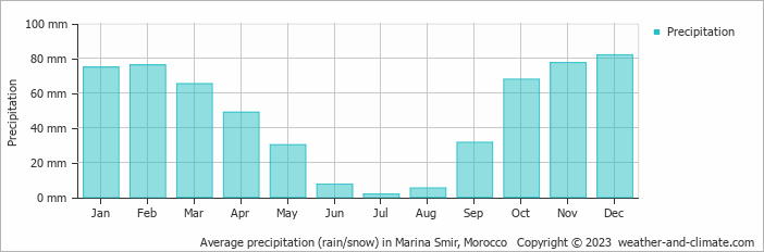 Average monthly rainfall, snow, precipitation in Marina Smir, 