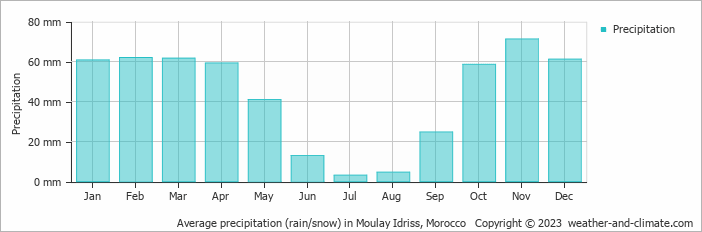 Average monthly rainfall, snow, precipitation in Moulay Idriss, Morocco