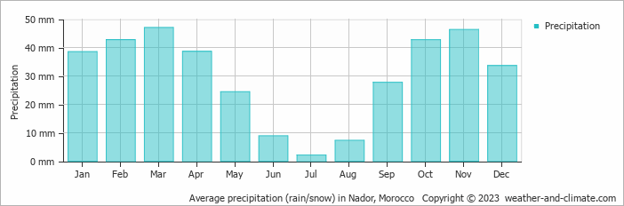Average monthly rainfall, snow, precipitation in Nador, Morocco
