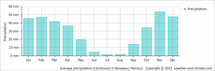 Average monthly rainfall, snow, precipitation in Nouaseur, Morocco