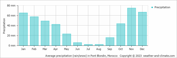 Average monthly rainfall, snow, precipitation in Pont Blondin, Morocco