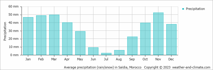 Average precipitation (rain/snow) in Oujda, Morocco   Copyright © 2022  weather-and-climate.com  