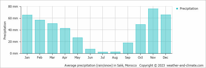 Average monthly rainfall, snow, precipitation in Salé, Morocco