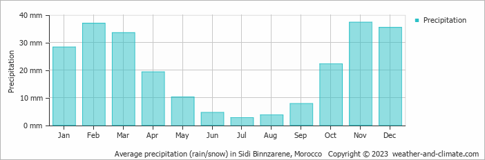 Average monthly rainfall, snow, precipitation in Sidi Binnzarene, Morocco