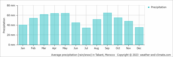 Average monthly rainfall, snow, precipitation in Tabant, Morocco