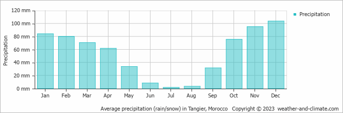 Average monthly rainfall, snow, precipitation in Tangier, Morocco