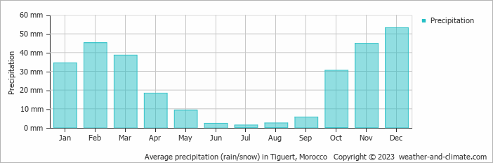 Average monthly rainfall, snow, precipitation in Tiguert, Morocco