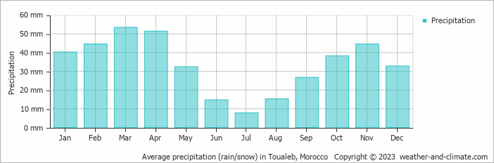 Average monthly rainfall, snow, precipitation in Toualeb, Morocco